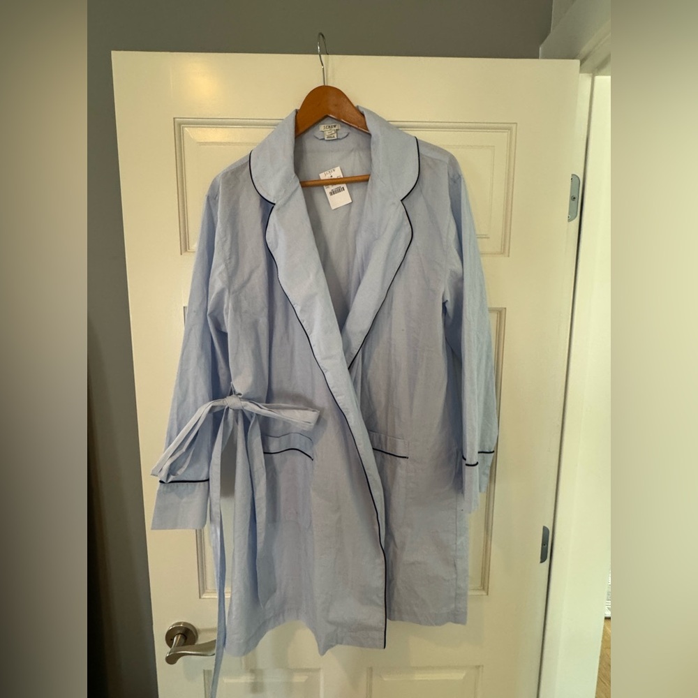 J. Crew Light Blue navy piping Women's cotton melted robe S/M NWT